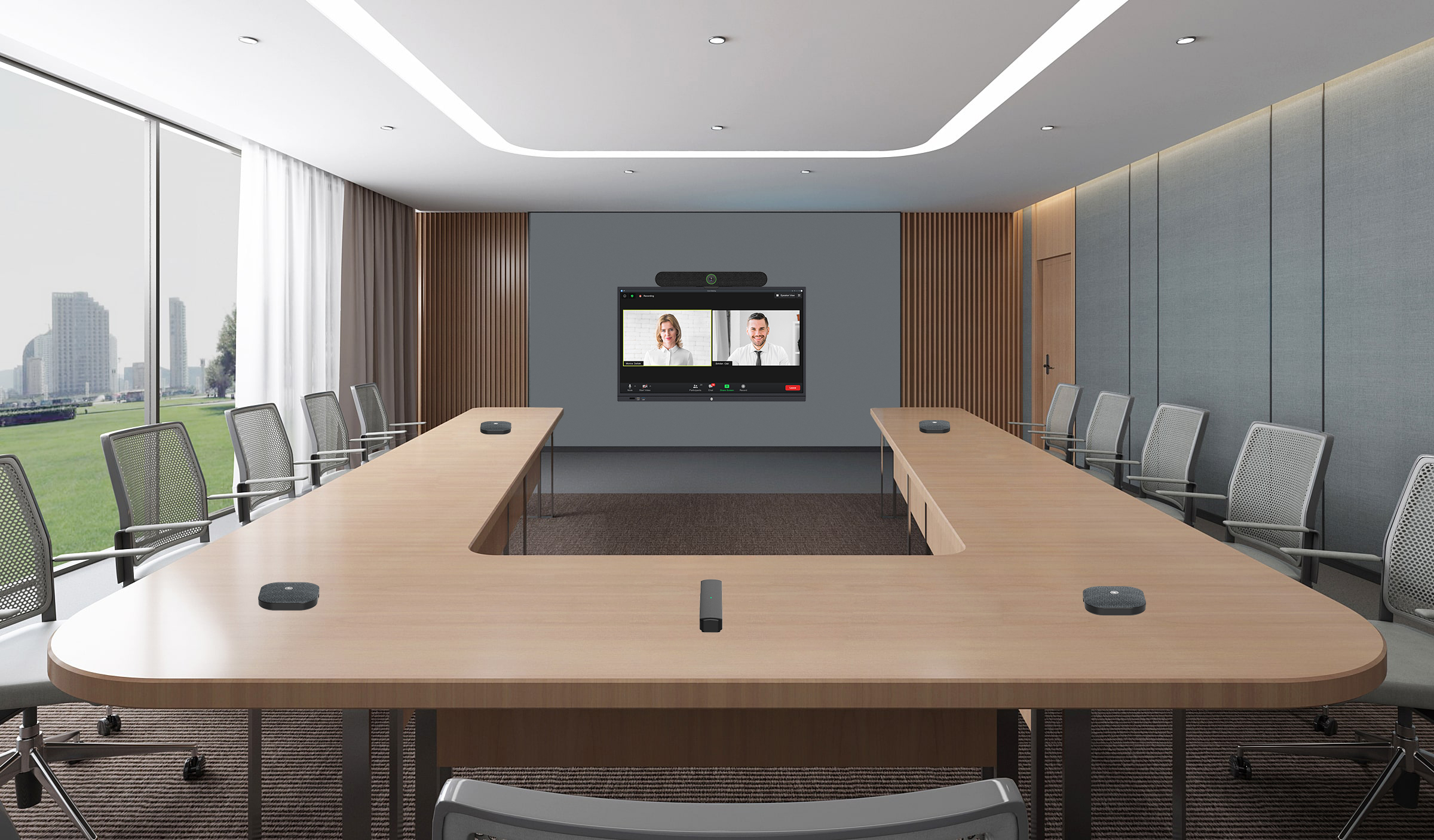 Modern boardroom with modular video bar, microphones and wireless meeting controls